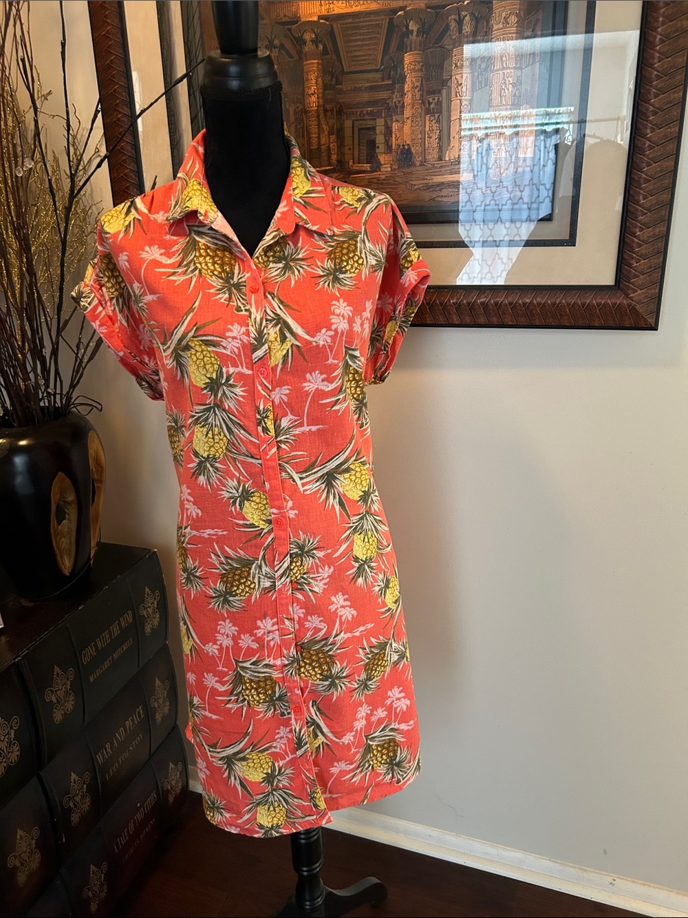 Old Navy Coral Pineapple Button-Front Mini Dress